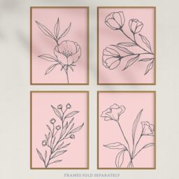Wee Blue Coo Pack of 4 Minimalist Wildflower Outline Black on Pastel Pink Simple Floral Unframed Wall Art Living Room Prints Set in Light Pink - thumbnail 5