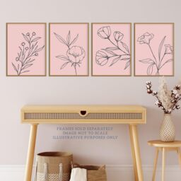 Wee Blue Coo Pack of 4 Minimalist Wildflower Outline Black on Pastel Pink Simple Floral Unframed Wall Art Living Room Prints Set in Light Pink - thumbnail 2