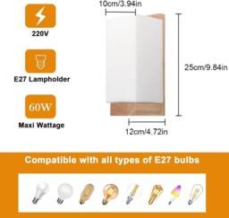 Goeco Wall Light Indoor Wood, Vintage Wall Lamp, Glass Lampshade, with Bulb in White - thumbnail 4