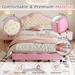 BTM Pink+Beige Bed with Button-Tufted Headboard & Faux Leather in Pink - Size: Single - thumbnail 5