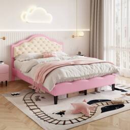 BTM Pink+Beige Bed with Button-Tufted Headboard & Faux Leather in Pink - Size: Single