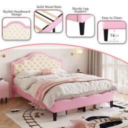 BTM Pink+Beige Bed with Button-Tufted Headboard & Faux Leather in Pink - Size: Single - thumbnail 6