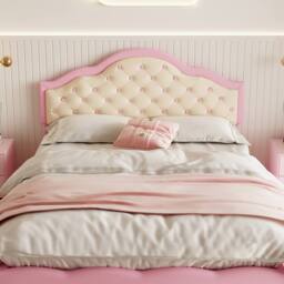 BTM Pink+Beige Bed with Button-Tufted Headboard & Faux Leather in Pink - Size: Single - thumbnail 4