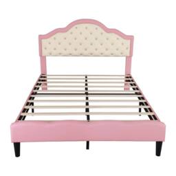 BTM Pink+Beige Bed with Button-Tufted Headboard & Faux Leather in Pink - Size: Single - thumbnail 9