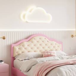 BTM Pink+Beige Bed with Button-Tufted Headboard & Faux Leather in Pink - Size: Single - thumbnail 2