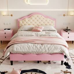 BTM Pink+Beige Bed with Button-Tufted Headboard & Faux Leather in Pink - Size: Single - thumbnail 3