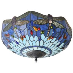 Loops Tiffany Glass Semi Flush Ceiling Light Blue Dragonfly Inverted Shade i00044 in Clear