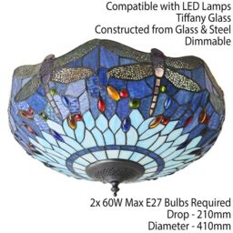 Loops Tiffany Glass Semi Flush Ceiling Light Blue Dragonfly Inverted Shade i00044 in Clear - thumbnail 2
