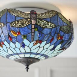 Loops Tiffany Glass Semi Flush Ceiling Light Blue Dragonfly Inverted Shade i00044 in Clear - thumbnail 4