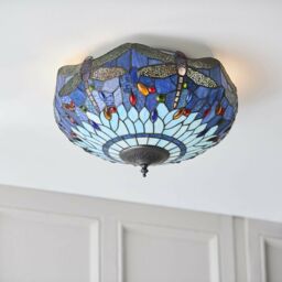Loops Tiffany Glass Semi Flush Ceiling Light Blue Dragonfly Inverted Shade i00044 in Clear - thumbnail 5