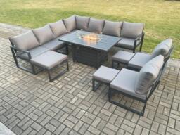 Aluminium 12 Seater Lounge Corner Sofa Outdoor Garden Furniture Sets Gas Fire Pit Dining Table Set with 3 Footstools Dark Grey