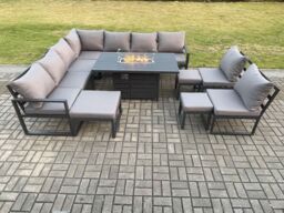 Fimous Aluminium 12 Seater Lounge Corner Sofa Outdoor Garden Furniture Sets Gas Fire Pit Dining Table Set with 3 Footstools Dark Grey - thumbnail 2