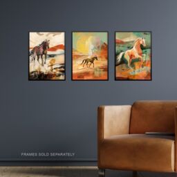 Artery8 Set of 3 Wild Desert Horses Bright Sandy Tones Modern Aesthetic Unframed Wall Art Living Room Poster Prints Pack in Orange - Size: A4 - thumbnail 2