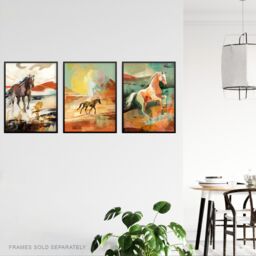 Artery8 Set of 3 Wild Desert Horses Bright Sandy Tones Modern Aesthetic Unframed Wall Art Living Room Poster Prints Pack in Orange - Size: A4 - thumbnail 3