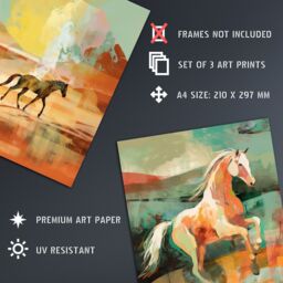 Artery8 Set of 3 Wild Desert Horses Bright Sandy Tones Modern Aesthetic Unframed Wall Art Living Room Poster Prints Pack in Orange - Size: A4 - thumbnail 4