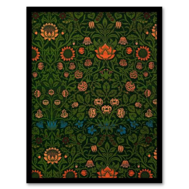Artery8 William Morris Framed Wall Art Violet & Columbine Floral Pattern in Green - Size: A4 - image 1