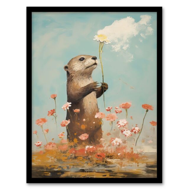 "Artery8 Wall Art Print The Otters Gift Artwork Floral Watercolour Crimson & Blue Art Framed in Black - Size: W12"" x H16""" - image 1