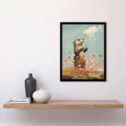 "Artery8 Wall Art Print The Otters Gift Artwork Floral Watercolour Crimson & Blue Art Framed in Black - Size: W12"" x H16""" - thumbnail 4