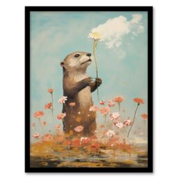 "Artery8 Wall Art Print The Otters Gift Artwork Floral Watercolour Crimson & Blue Art Framed in Black - Size: W12"" x H16""" - thumbnail 1