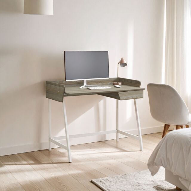 Orsina Functional Oak Desk, Minimal Office Desk, Computer Desk With Storage in Grey - image 1