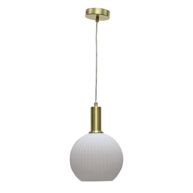 First Choice Lighting Betchley - White Ribbed Glass Globe Satin Brass Deco Pendant Fitting - image 1