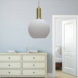 First Choice Lighting Betchley - White Ribbed Glass Globe Satin Brass Deco Pendant Fitting - thumbnail 4