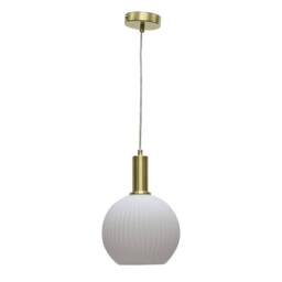 First Choice Lighting Betchley - White Ribbed Glass Globe Satin Brass Deco Pendant Fitting - thumbnail 1