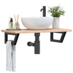 Berkfield Home Basin Shelf Wall Mounted Steel & Solid Wood Oak in Light Brown - thumbnail 2