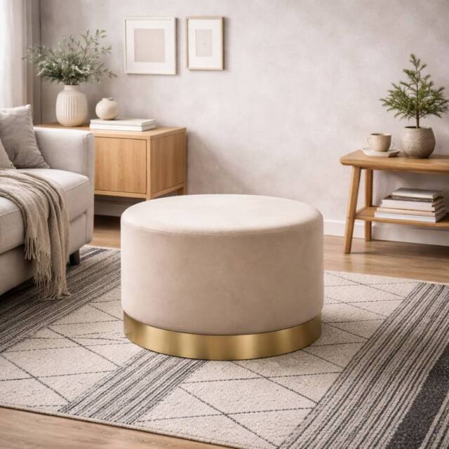 Wyld Haus Kalua Large Beige Velvet Stool Brushed Gold Base - image 1