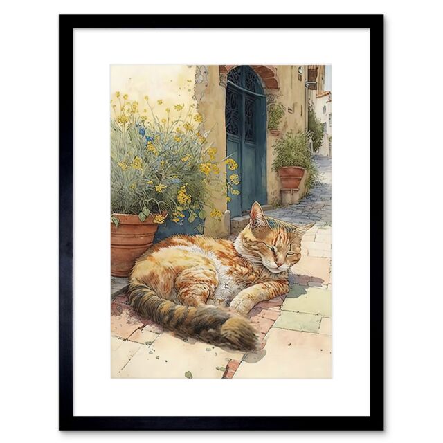 "Artery8 Wall Art Print Cat Sunbathing in Mediterranean Village Street Watercolour Artwork Framed 9X7 Inch in Black - Size: W7"" x H9""" - image 1