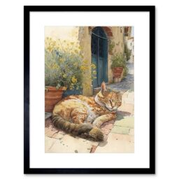 "Artery8 Wall Art Print Cat Sunbathing in Mediterranean Village Street Watercolour Artwork Framed 9X7 Inch in Black - Size: W7"" x H9""" - thumbnail 1