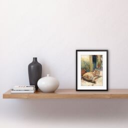 "Artery8 Wall Art Print Cat Sunbathing in Mediterranean Village Street Watercolour Artwork Framed 9X7 Inch in Black - Size: W7"" x H9""" - thumbnail 2