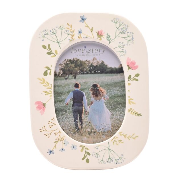 "Love story Wildflower Ceramic Photo Frame 4"" x 6"" Oval Floral in White" - image 1