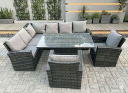 Fimous High Back PE Rattan Corner Sofa Set Garden Furniture Adjustable Lifting Table Set 2 Armchair in Dark Grey - thumbnail 1