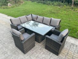 Fimous High Back PE Rattan Corner Sofa Set Garden Furniture Adjustable Lifting Table Set 2 Armchair in Dark Grey - thumbnail 2