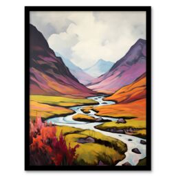 Artery8 Wall Art Print Scotland Glencoe Valley Oil Painting Majestic Mountains & River With Heather Shrubs Art Framed in Black - Size: A4 - thumbnail 1