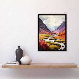 Artery8 Wall Art Print Scotland Glencoe Valley Oil Painting Majestic Mountains & River With Heather Shrubs Art Framed in Black - Size: A4 - thumbnail 4