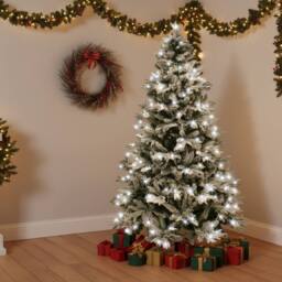 Shatchi Pre-Lit Artificial Christmas Tree Lapland - LED Cool White Lights with Snow Flocked Tips in Green - Size: 7ft