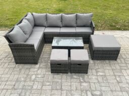 Fimous 9 Seater Rattan Lounge Corner Sofa Set Wicker PE Outdoor Garden Furniture Set with Coffee Table 3 Footstools in Dark Grey - thumbnail 2