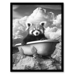 "Artery8 Red Panda in Bathtub on Hill Black White Surreal Framed Art Print in Grey - Size: W12"" x H16""" - thumbnail 1