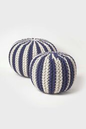 Homescapes Knitted Pouffe Striped Footstool 40 x 50 cm in Navy - thumbnail 5