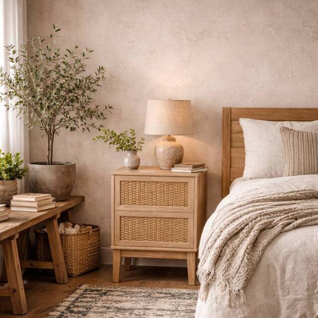 Wyld Haus Waterford Oak & Woven Rattan Bedside Cabinet 2 Drawers in Natural - image 1