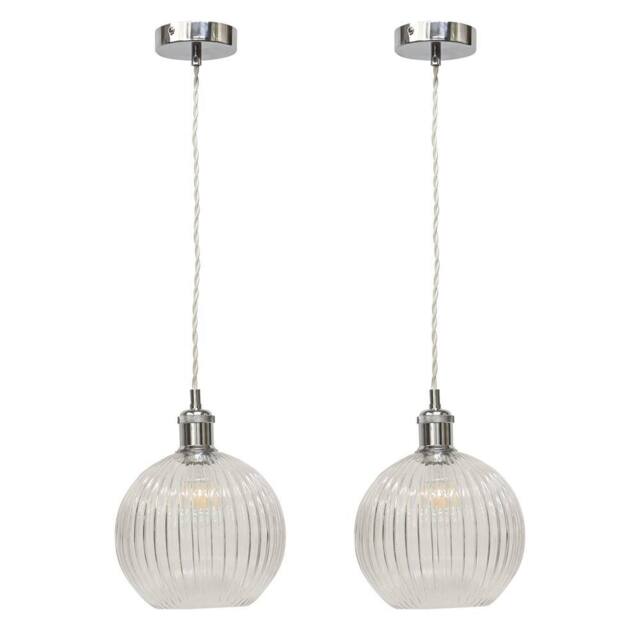 First Choice Lighting Set of 2 Betchley - Clear Ribbed Globe Chrome Retro Pendant Fittings - image 1