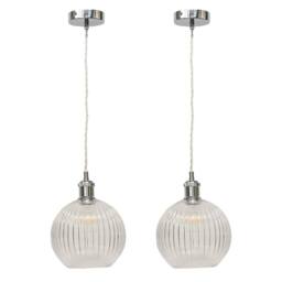 First Choice Lighting Set of 2 Betchley - Clear Ribbed Globe Chrome Retro Pendant Fittings - thumbnail 1