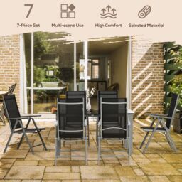 OUTSUNNY 7 Piece Garden Dining Set, Outdoor Table & 6 Chair, Aluminium in Black - thumbnail 4