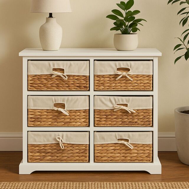 Orsina Stylish 6 Seagrass Drawer Chest, Modern Chest Of Drawers For Livingroom, Sleek Minimalist Chest For Lounge in White - image 1