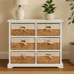 Orsina Stylish 6 Seagrass Drawer Chest, Modern Chest Of Drawers For Livingroom, Sleek Minimalist Chest For Lounge in White - thumbnail 1