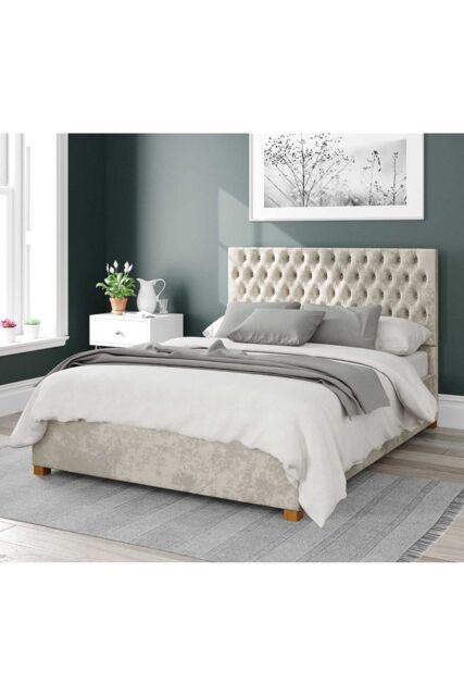Aspire Nightingale Upholstered Ottoman Storage Bed, Mirazzi Velvet Fabric in Ivory - Size: Double - image 1