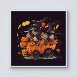 Warren Reed - Designer Cartoon Illustrations A Magical Pumpkin Carriage With Framed Canvas in Off-White - Size: w40 inch x h40 inch - thumbnail 1