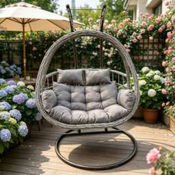 Fimous Rattan Garden 2 Person Hanging Egg Chair Outdoor Furniture & Cushion in Dark Grey - thumbnail 1